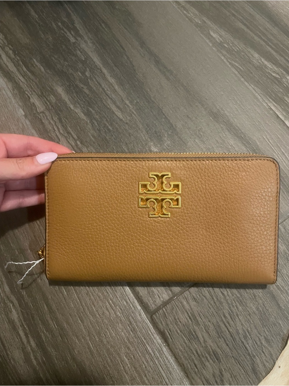 Tory Burch Camel Pebbled Leather Zip Around Wallet with Gold Logo